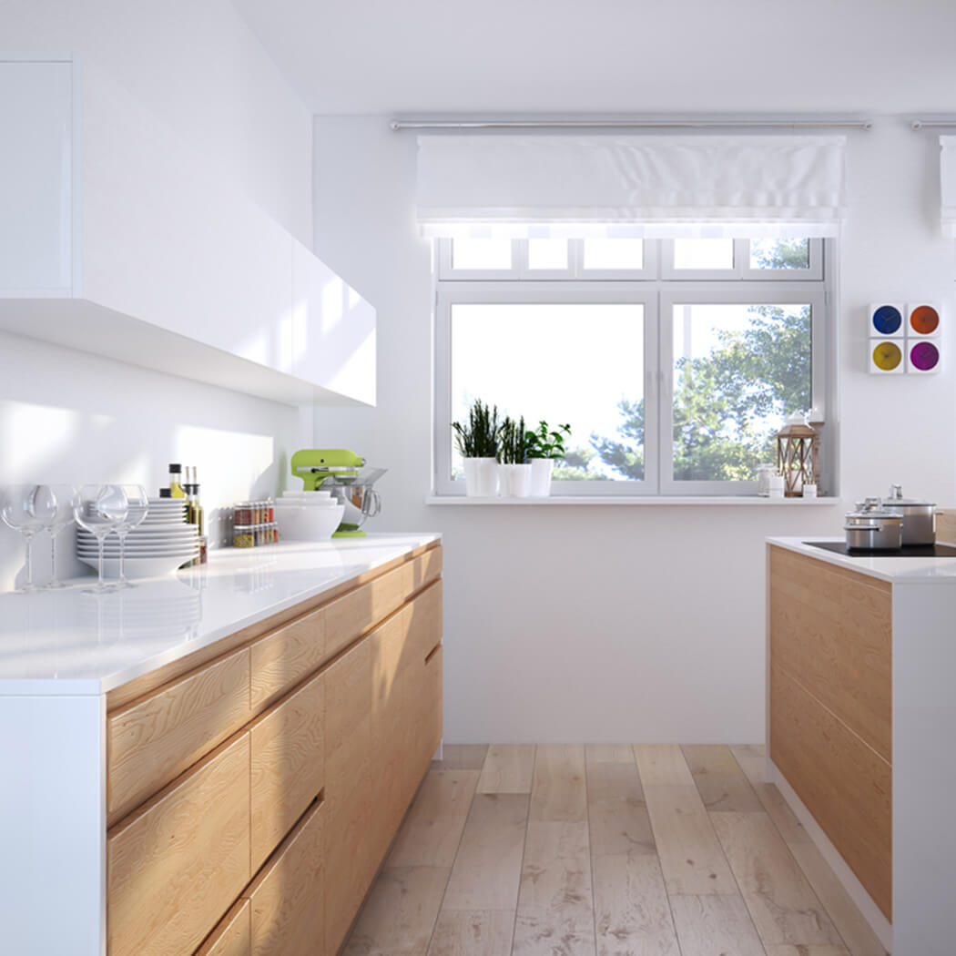 White and wood kitchen cabinets with window